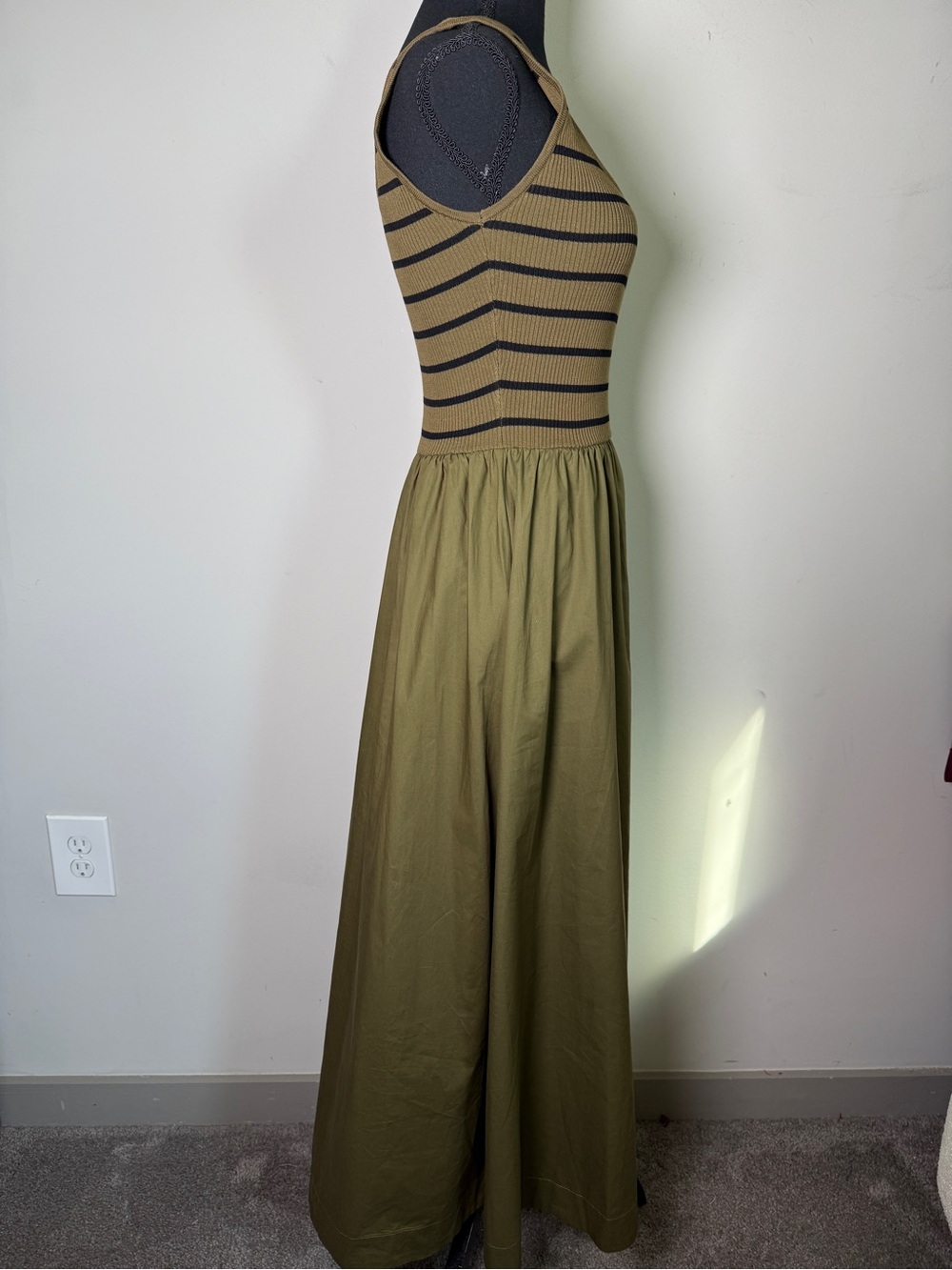 Moon River Stripe Mixed Media Stretch Olive Black Cotton Tank Maxi Dress Sz S - Picture 5 of 11